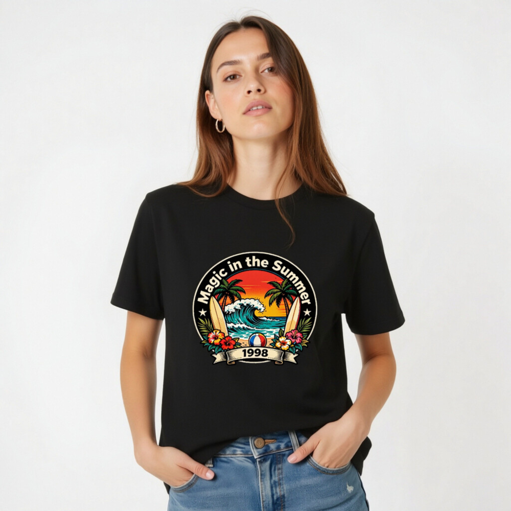 Unisex Staple T-Shirt - Magic in the Summer 1998 Surf Design, Black - Image 4