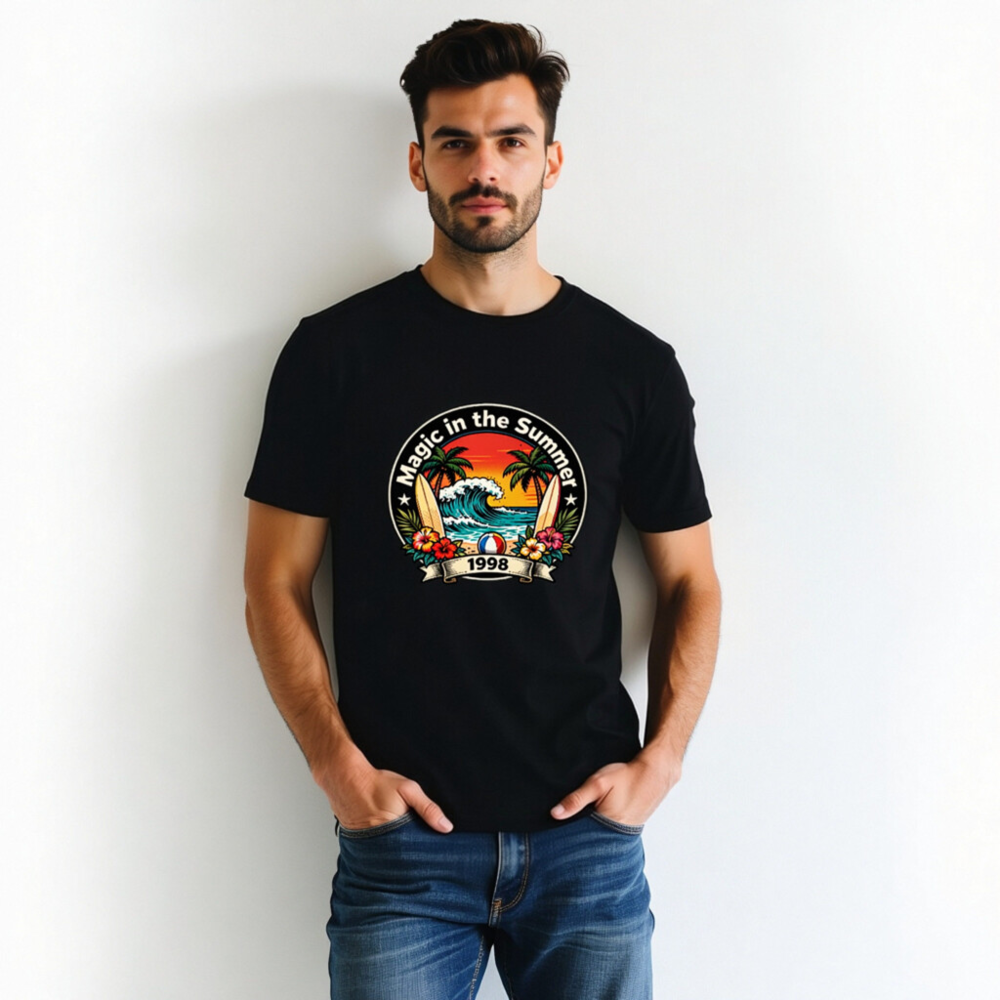 Unisex Staple T-Shirt - Magic in the Summer 1998 Surf Design, Black - Image 6