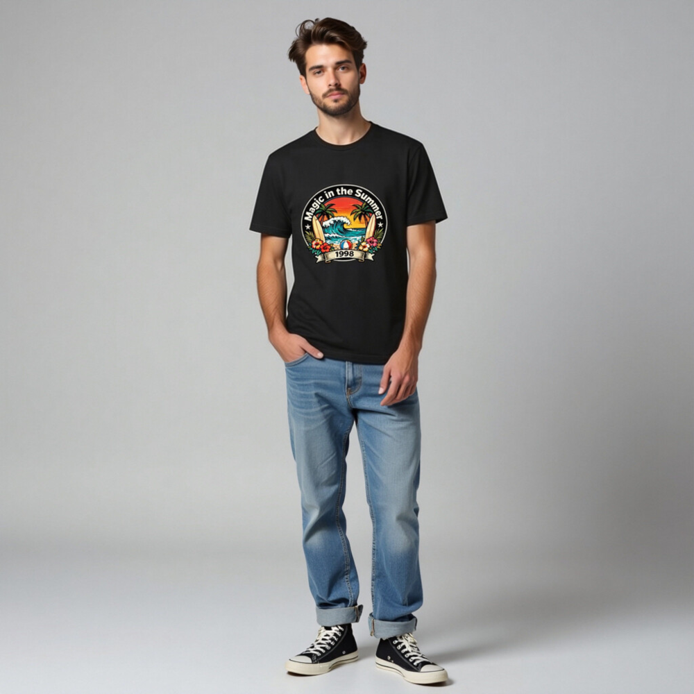 Unisex Staple T-Shirt - Magic in the Summer 1998 Surf Design, Black - Image 7