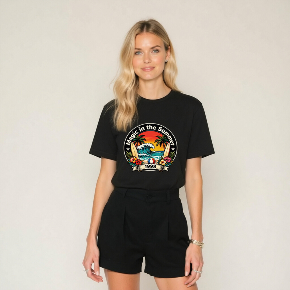 Unisex Staple T-Shirt - Magic in the Summer 1998 Surf Design, Black - Image 8