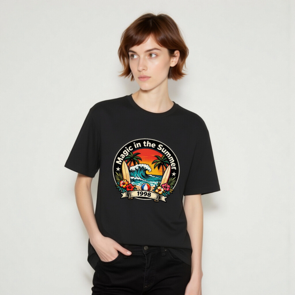 Unisex Staple T-Shirt - Magic in the Summer 1998 Surf Design, Black - Image 9