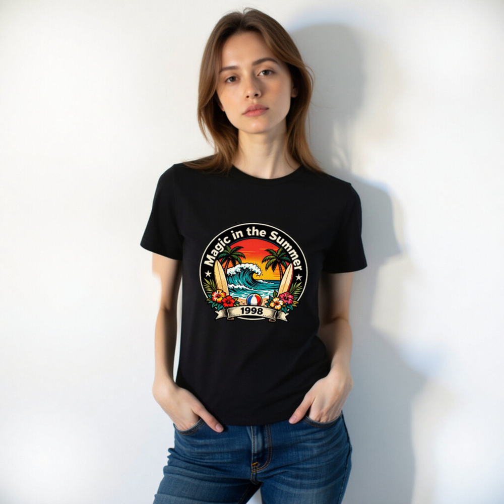 Unisex Staple T-Shirt - Magic in the Summer 1998 Surf Design, Black - Image 10