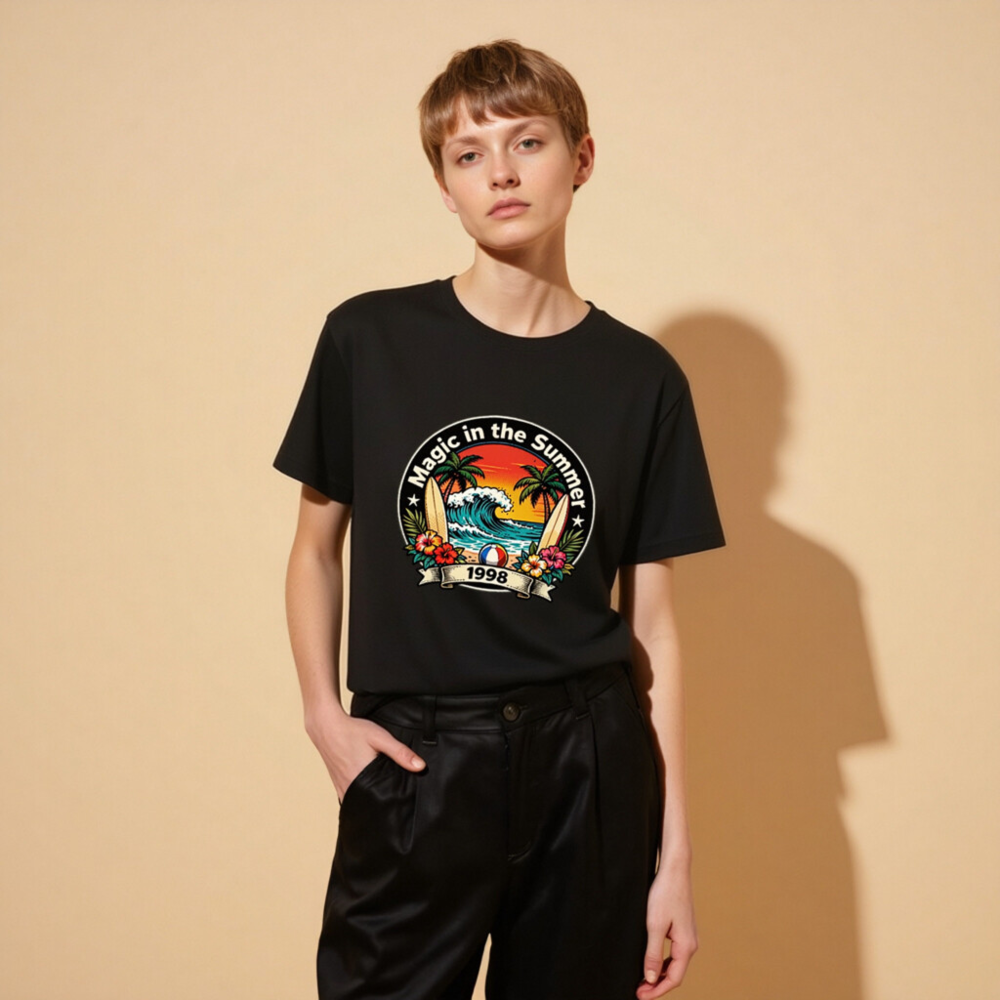 Unisex Staple T-Shirt - Magic in the Summer 1998 Surf Design, Black - Image 11
