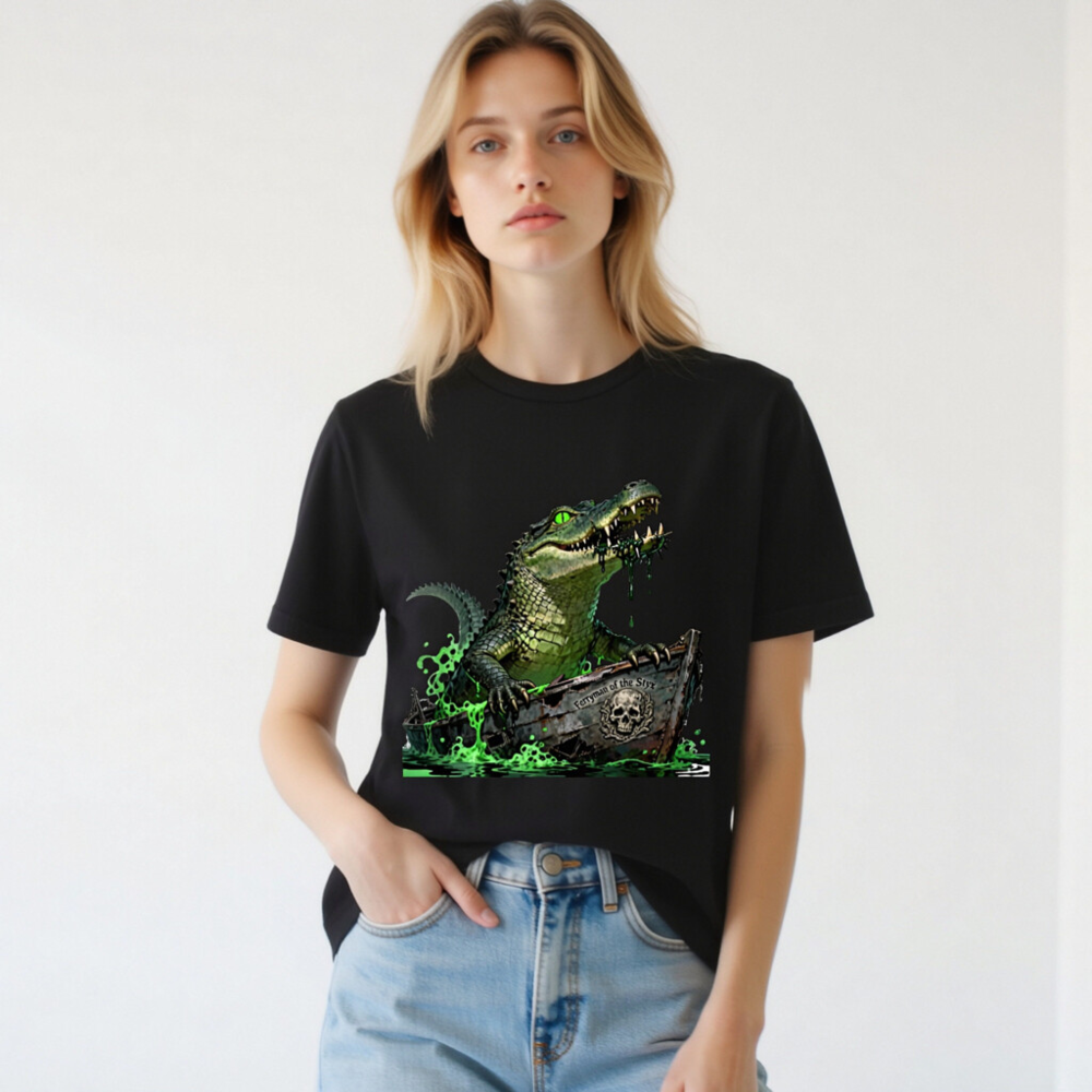 Unisex Staple T-Shirt: Green Crocodile in Pirate Boat - 'Ferryman of the Styx' Graphic - Image 2