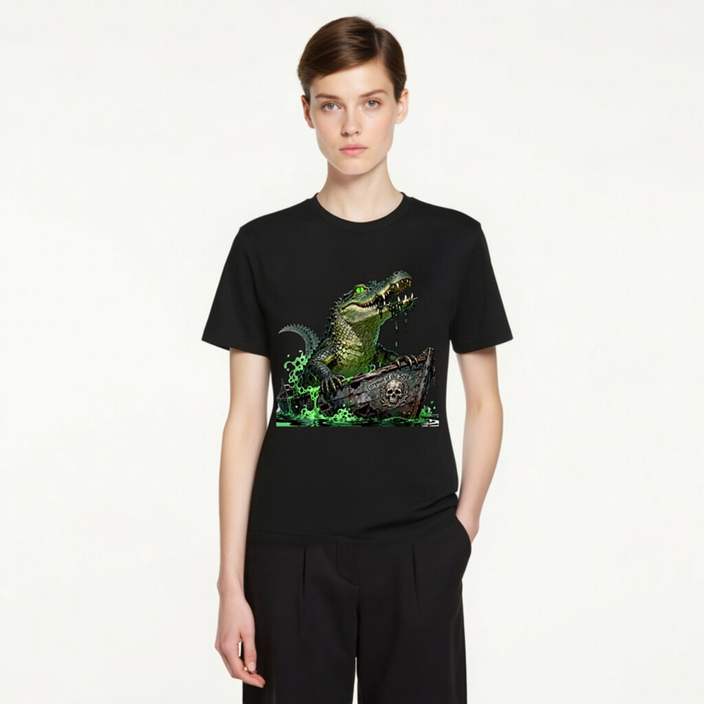 Unisex Staple T-Shirt: Green Crocodile in Pirate Boat - 'Ferryman of the Styx' Graphic - Image 3