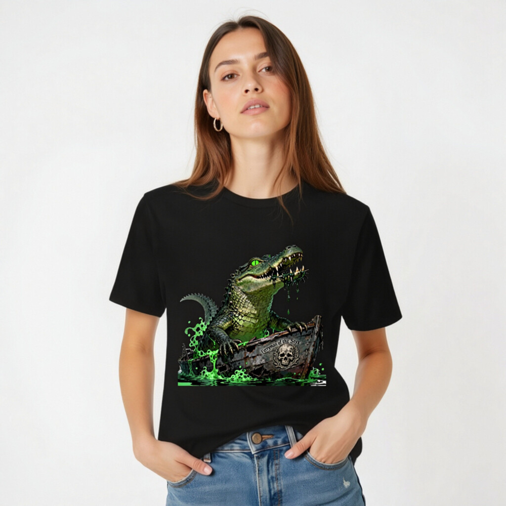 Unisex Staple T-Shirt: Green Crocodile in Pirate Boat - 'Ferryman of the Styx' Graphic - Image 4
