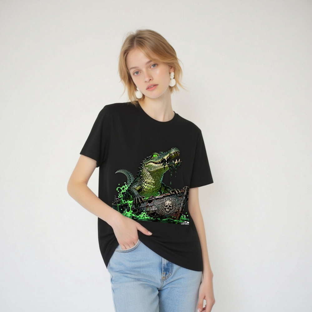 Unisex Staple T-Shirt: Green Crocodile in Pirate Boat - 'Ferryman of the Styx' Graphic - Image 5