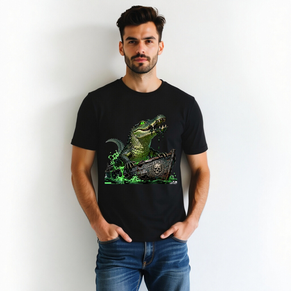 Unisex Staple T-Shirt: Green Crocodile in Pirate Boat - 'Ferryman of the Styx' Graphic - Image 6