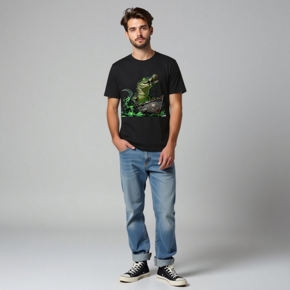 Unisex Staple T-Shirt: Green Crocodile in Pirate Boat - 'Ferryman of the Styx' Graphic - Image 7