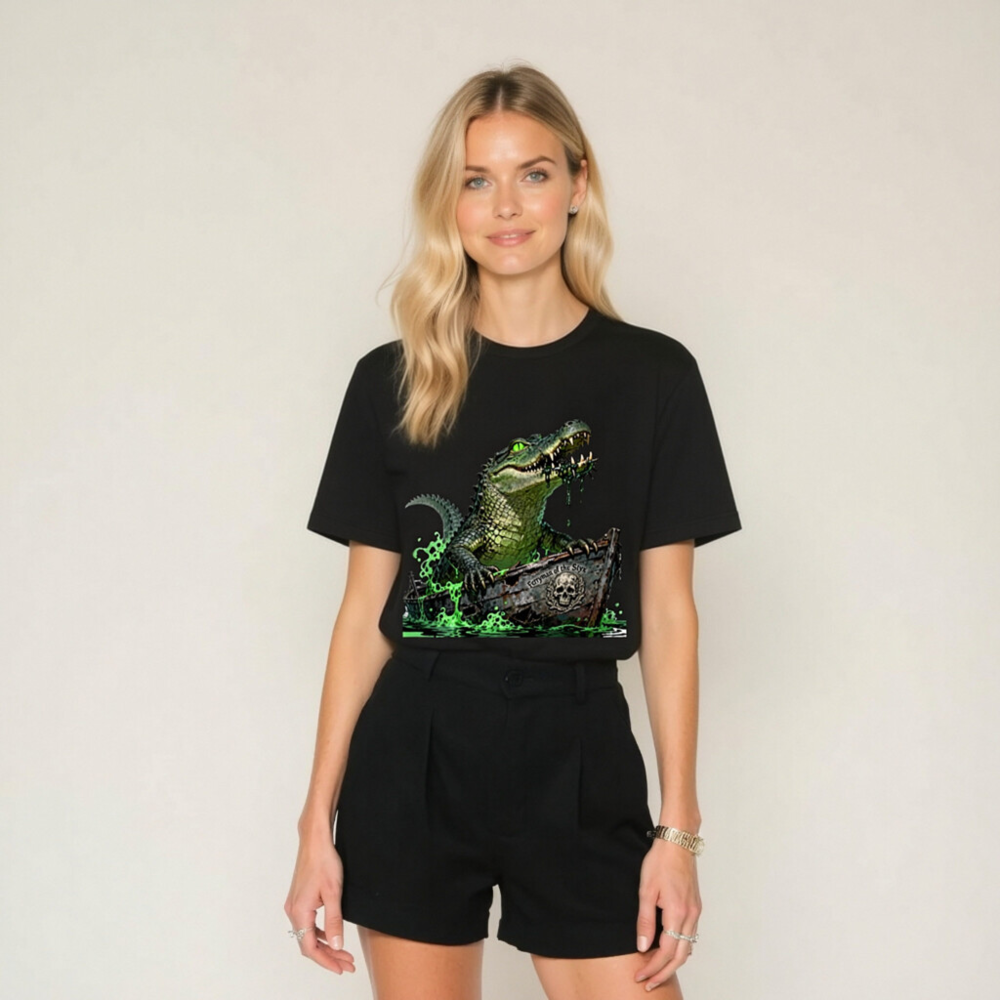 Unisex Staple T-Shirt: Green Crocodile in Pirate Boat - 'Ferryman of the Styx' Graphic - Image 8