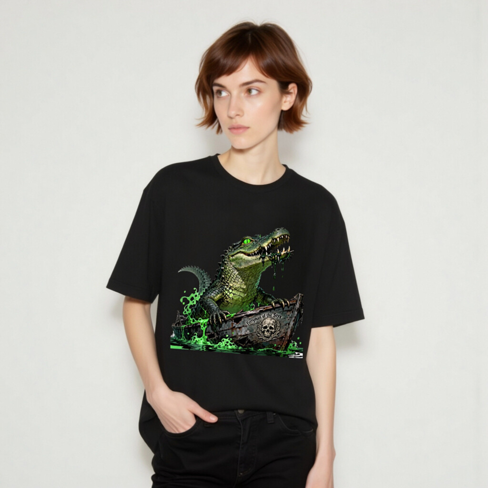 Unisex Staple T-Shirt: Green Crocodile in Pirate Boat - 'Ferryman of the Styx' Graphic - Image 9