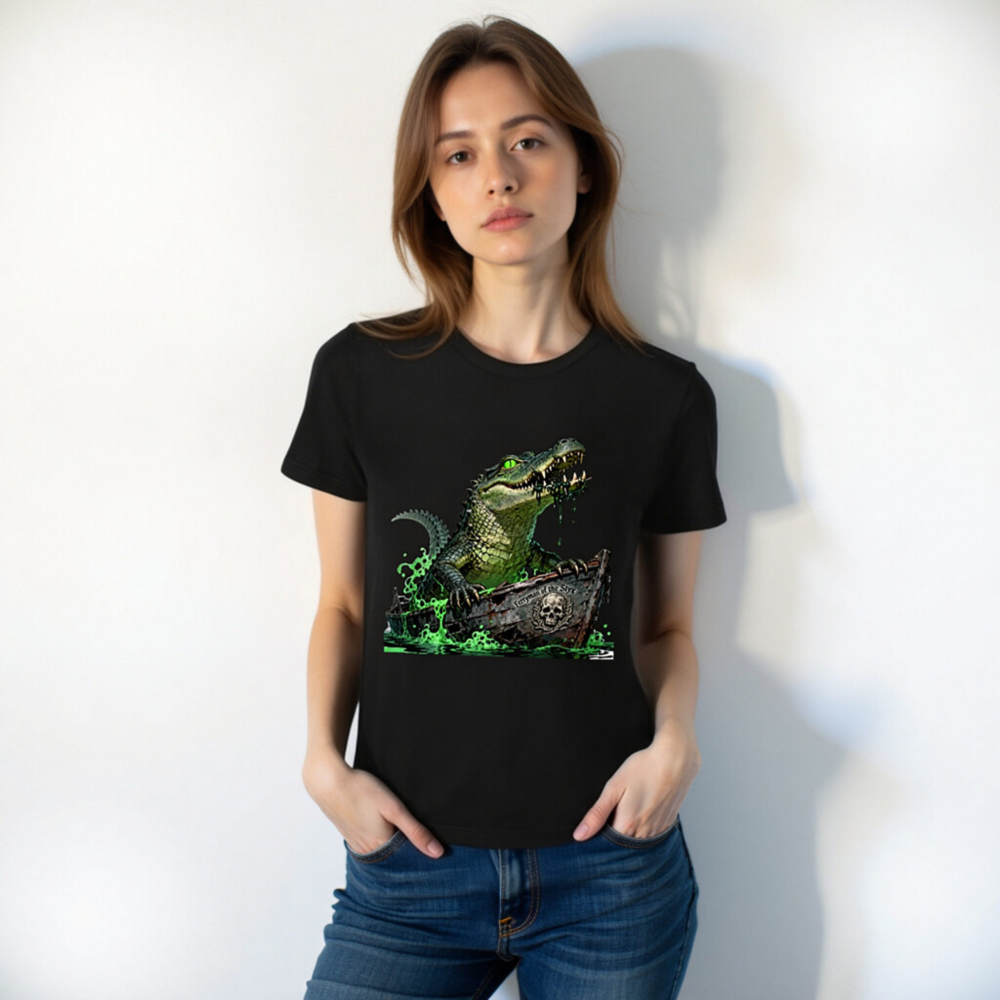 Unisex Staple T-Shirt: Green Crocodile in Pirate Boat - 'Ferryman of the Styx' Graphic - Image 10