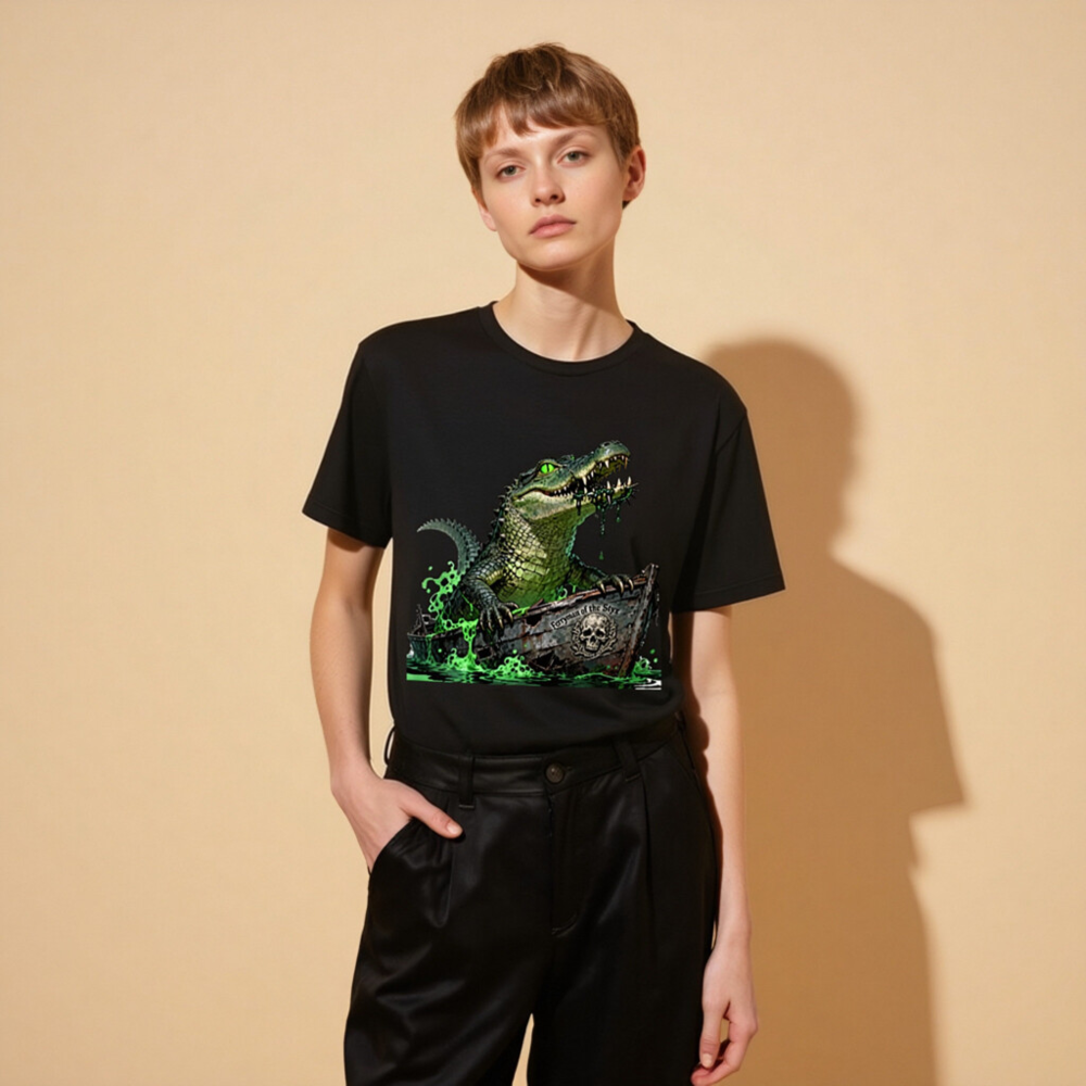 Unisex Staple T-Shirt: Green Crocodile in Pirate Boat - 'Ferryman of the Styx' Graphic - Image 11