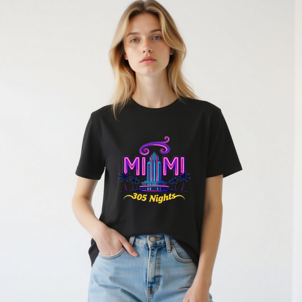 Miami 305 Nights Unisex Staple T-Shirt - Neon Art, Classic Fit - Image 2