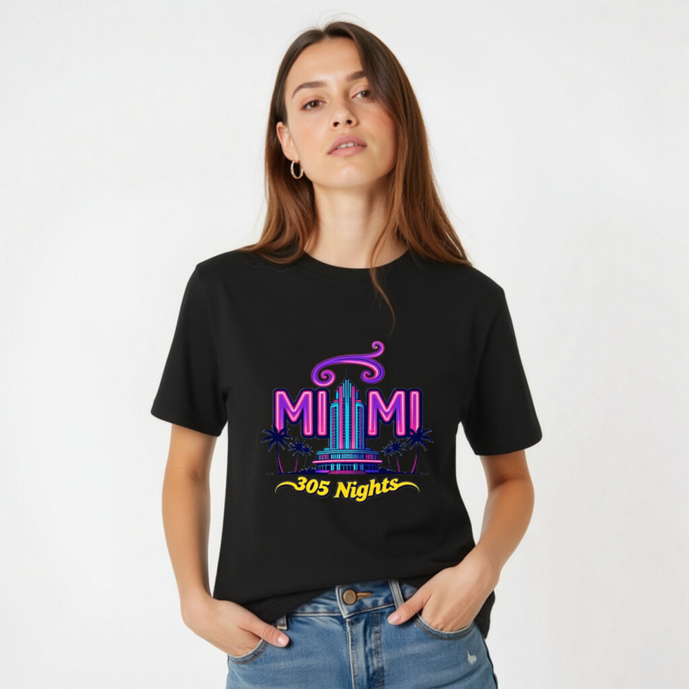 Miami 305 Nights Unisex Staple T-Shirt - Neon Art, Classic Fit - Image 4