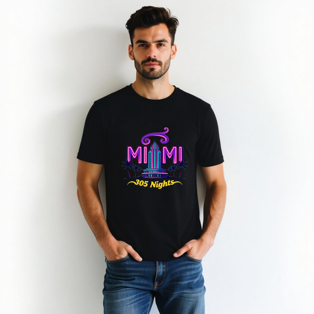 Miami 305 Nights Unisex Staple T-Shirt - Neon Art, Classic Fit - Image 5
