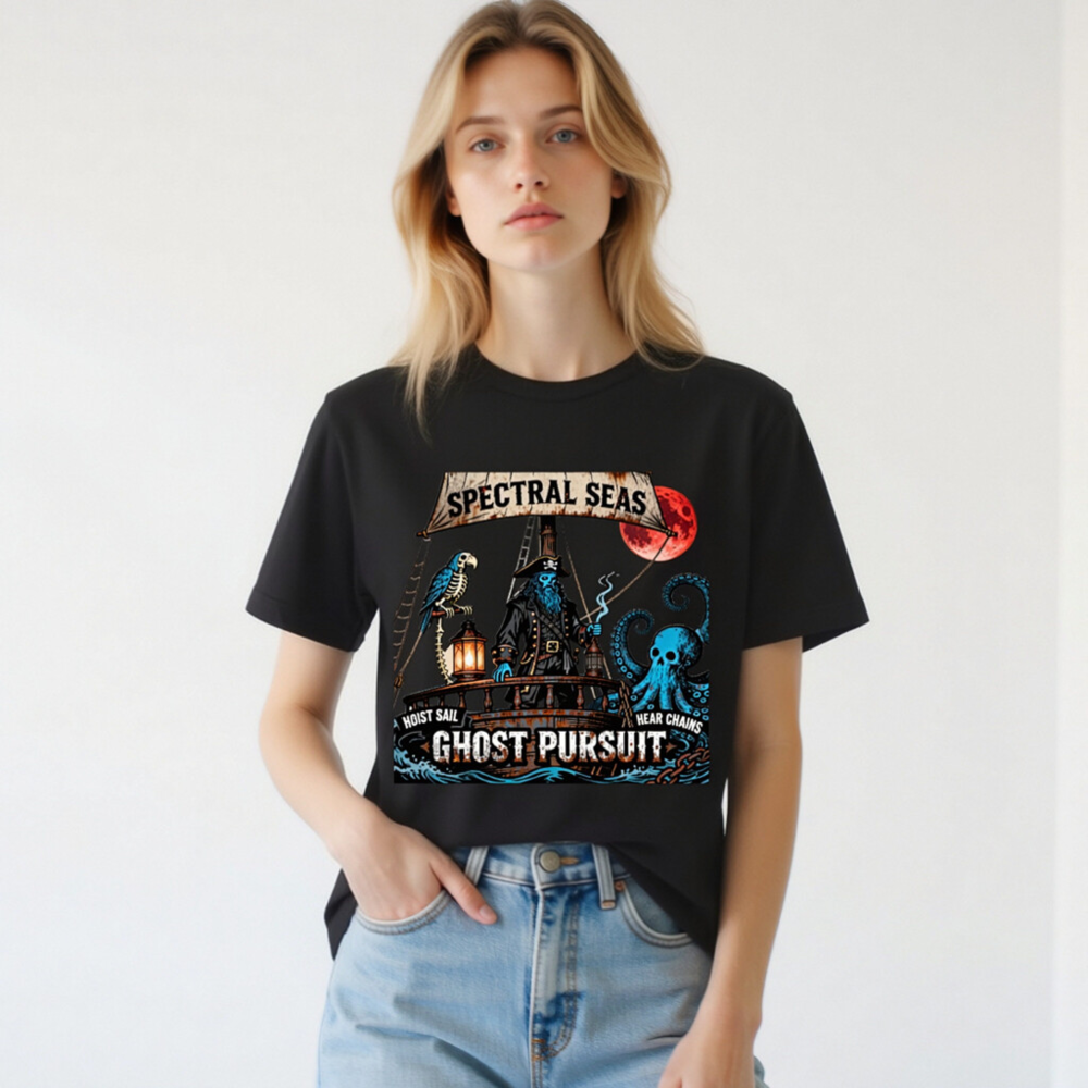 Spectral Seas Ghost Pursuit Unisex T-Shirt | Blue Pirate & Octopus Design - Image 2