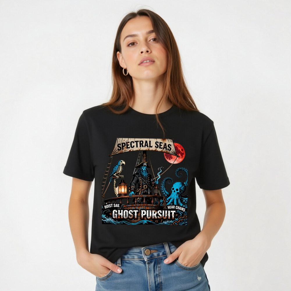 Spectral Seas Ghost Pursuit Unisex T-Shirt | Blue Pirate & Octopus Design - Image 4