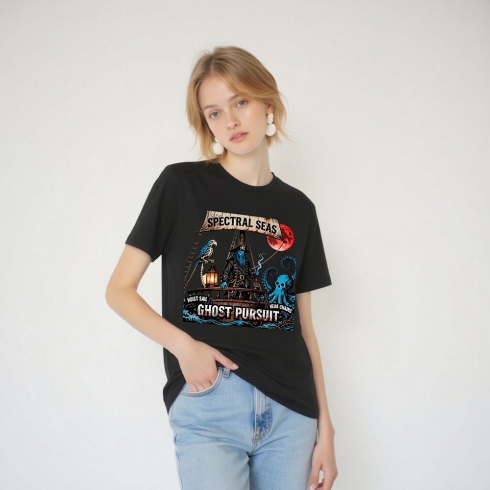 Spectral Seas Ghost Pursuit Unisex T-Shirt | Blue Pirate & Octopus Design - Image 5