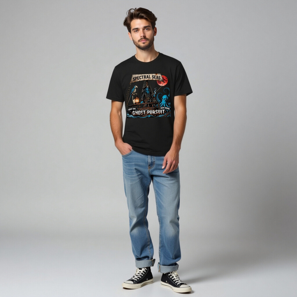 Spectral Seas Ghost Pursuit Unisex T-Shirt | Blue Pirate & Octopus Design - Image 7