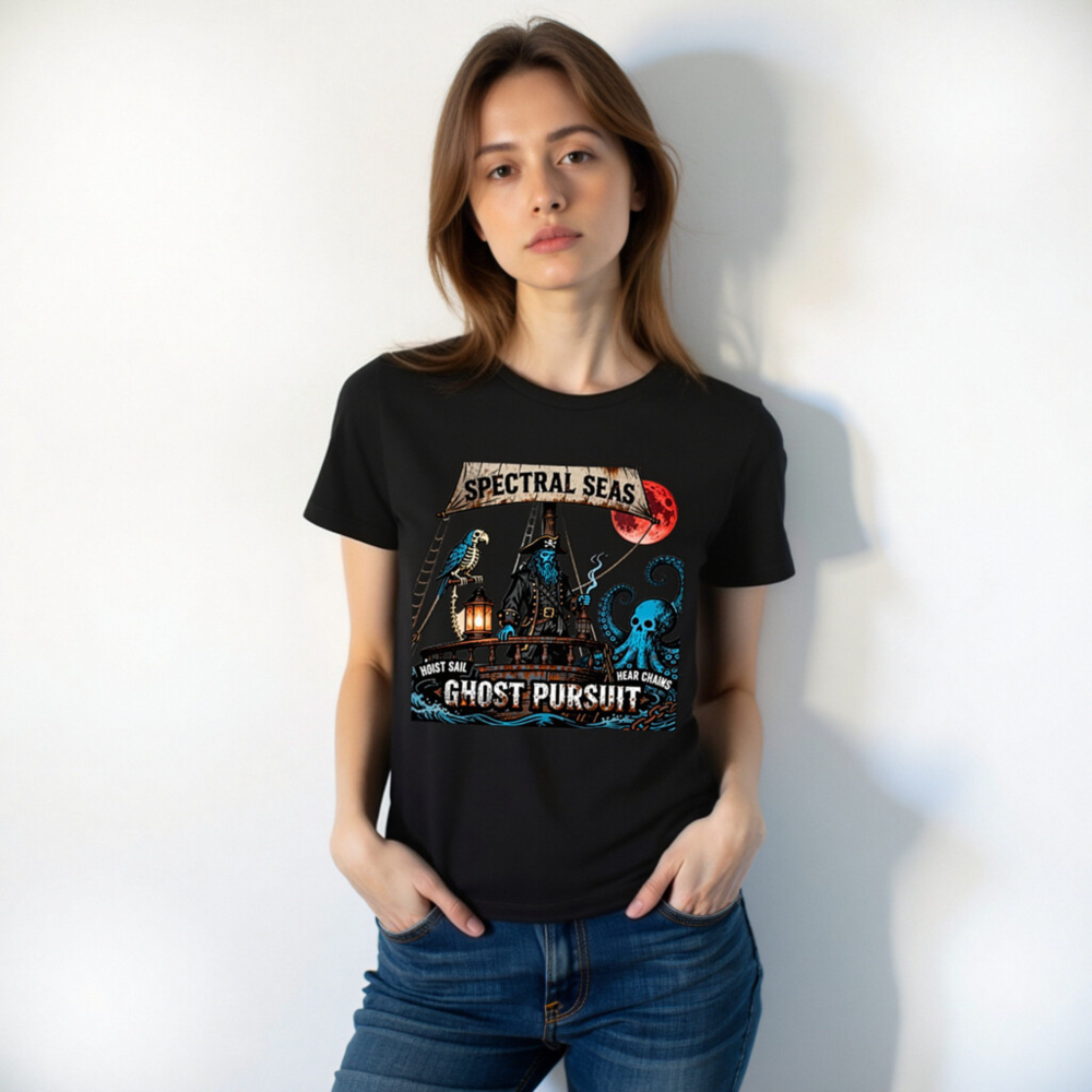 Spectral Seas Ghost Pursuit Unisex T-Shirt | Blue Pirate & Octopus Design - Image 10