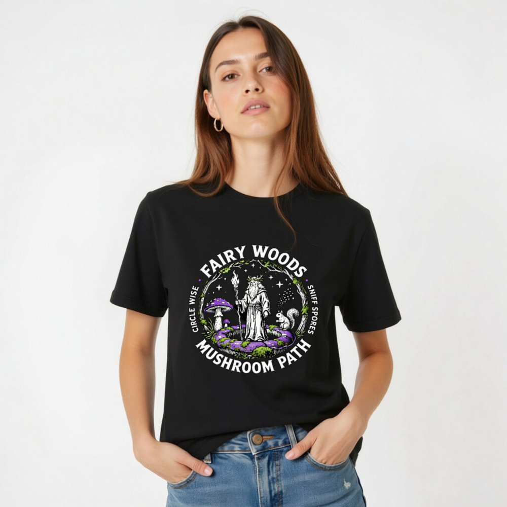 Fairy Woods Mushroom Path Unisex T-Shirt - Circle Wise, Sniff Spores - Image 3