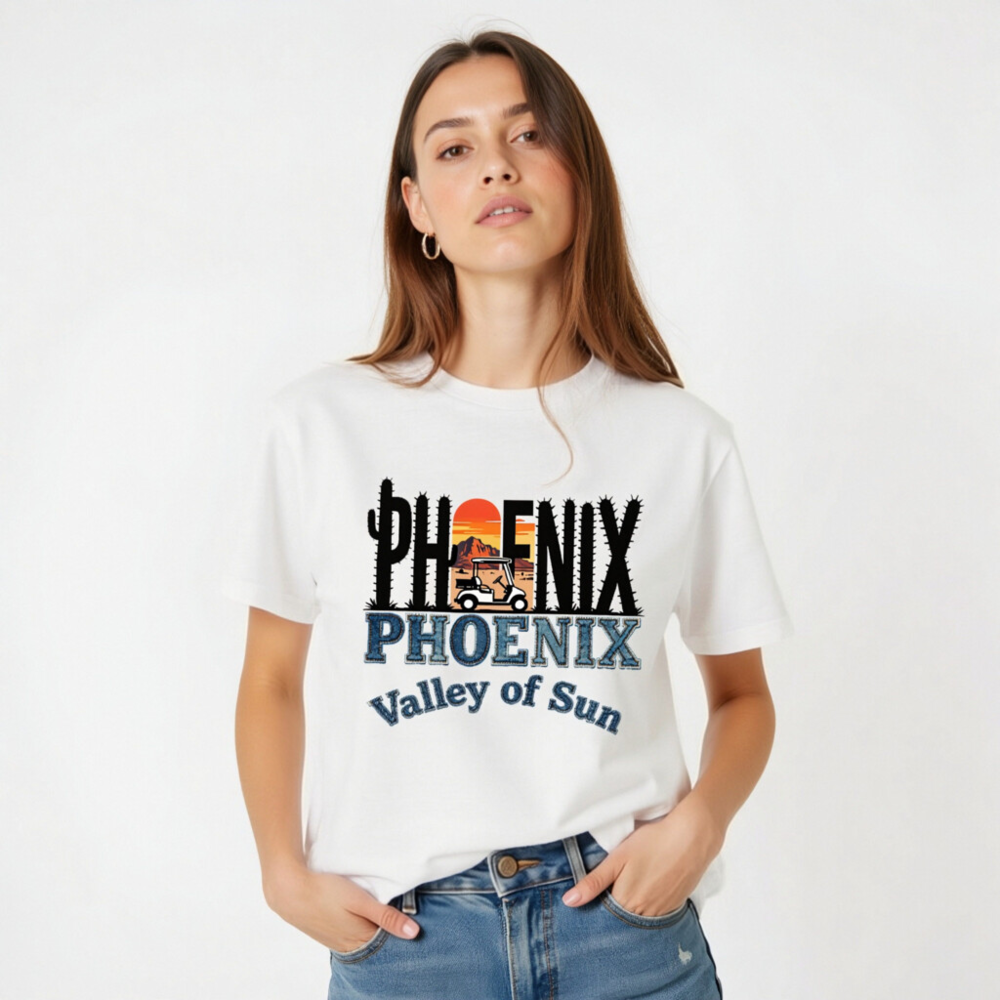 Phoenix Valley of Sun Unisex T-Shirt - Cactus Sunset Golf Cart Design - Image 2