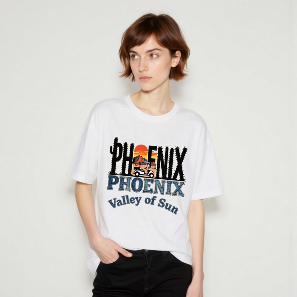 Phoenix Valley of Sun Unisex T-Shirt - Cactus Sunset Golf Cart Design - Image 7