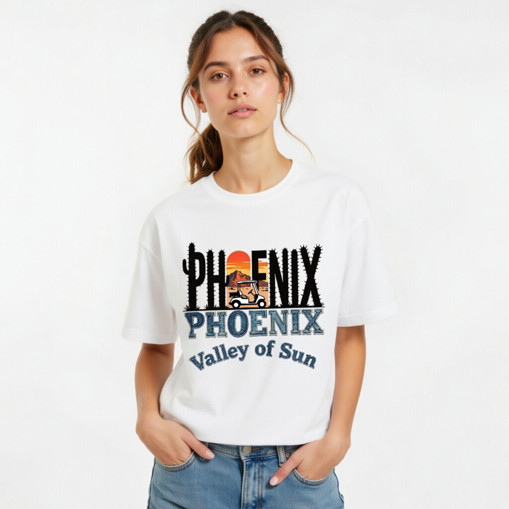 Phoenix Valley of Sun Unisex T-Shirt - Cactus Sunset Golf Cart Design - Image 8
