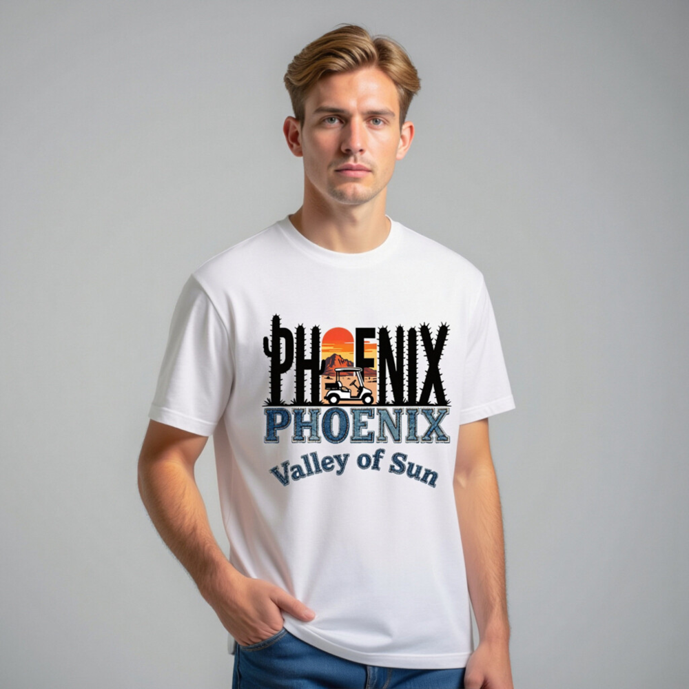 Phoenix Valley of Sun Unisex T-Shirt - Cactus Sunset Golf Cart Design - Image 11