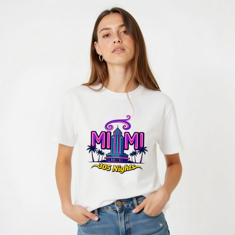 Miami 305 Nights Unisex Staple T-Shirt | Neon Art, Palm Tree Design - Image 2
