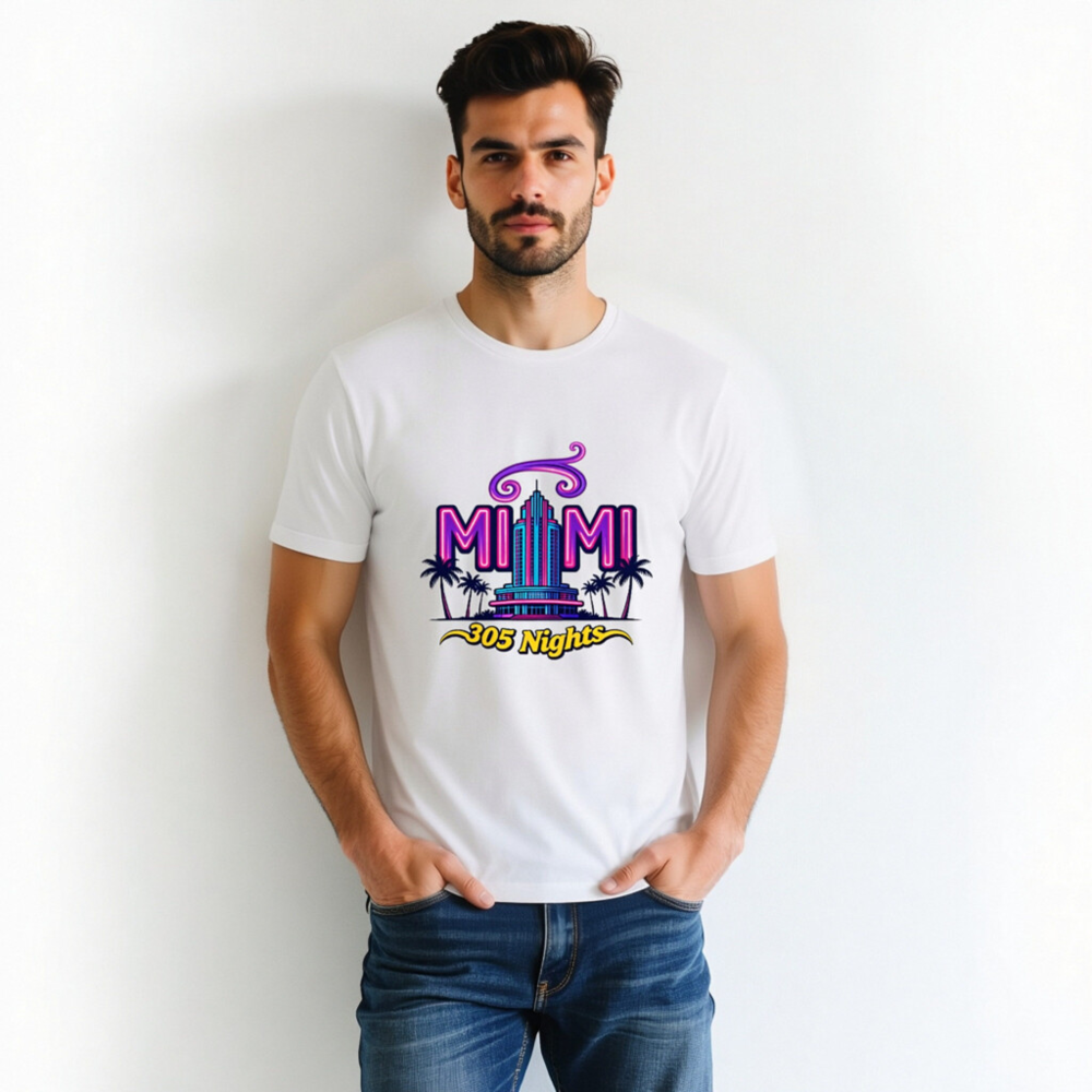 Miami 305 Nights Unisex Staple T-Shirt | Neon Art, Palm Tree Design - Image 3