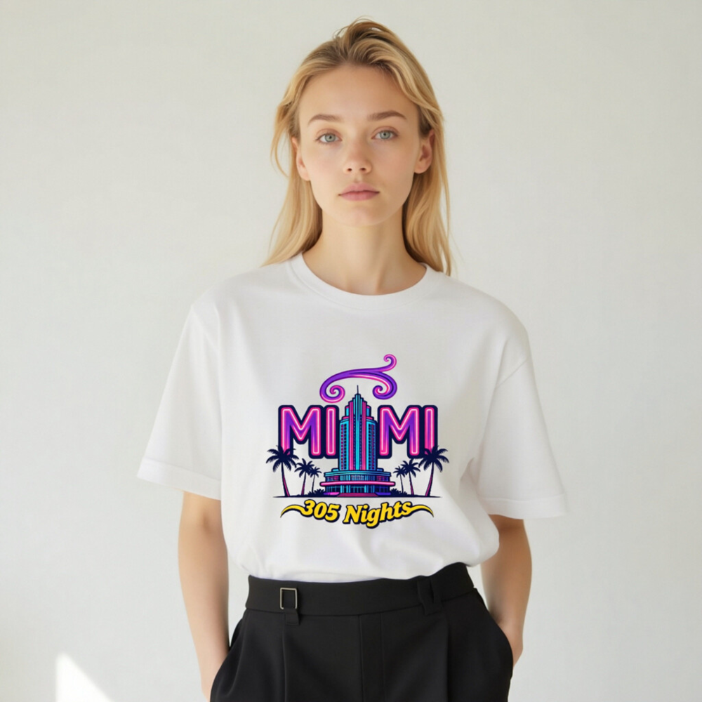 Miami 305 Nights Unisex Staple T-Shirt | Neon Art, Palm Tree Design - Image 6