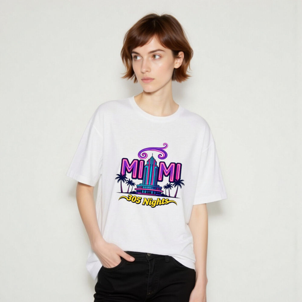 Miami 305 Nights Unisex Staple T-Shirt | Neon Art, Palm Tree Design - Image 7