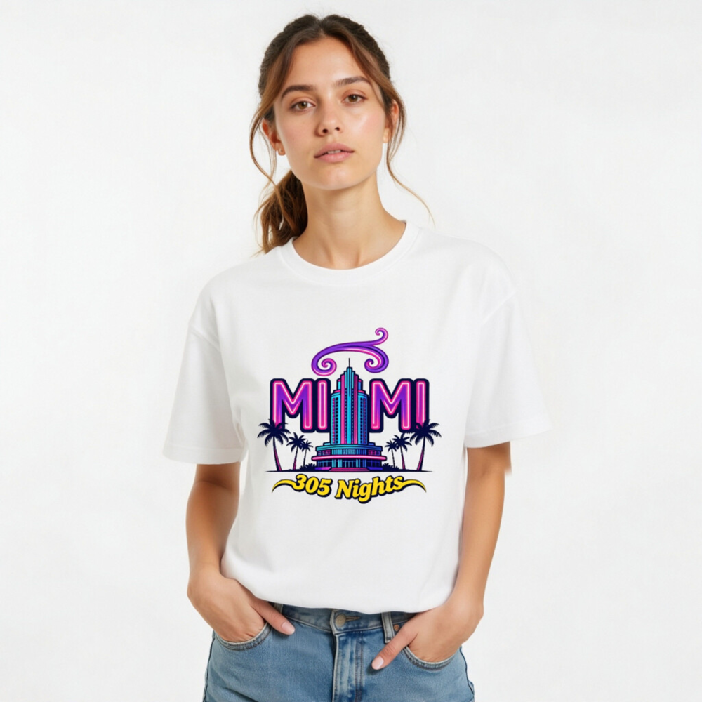 Miami 305 Nights Unisex Staple T-Shirt | Neon Art, Palm Tree Design - Image 8