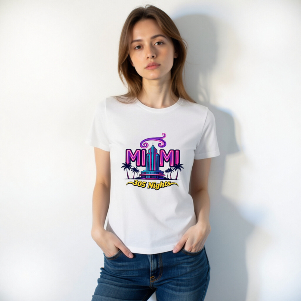 Miami 305 Nights Unisex Staple T-Shirt | Neon Art, Palm Tree Design - Image 9