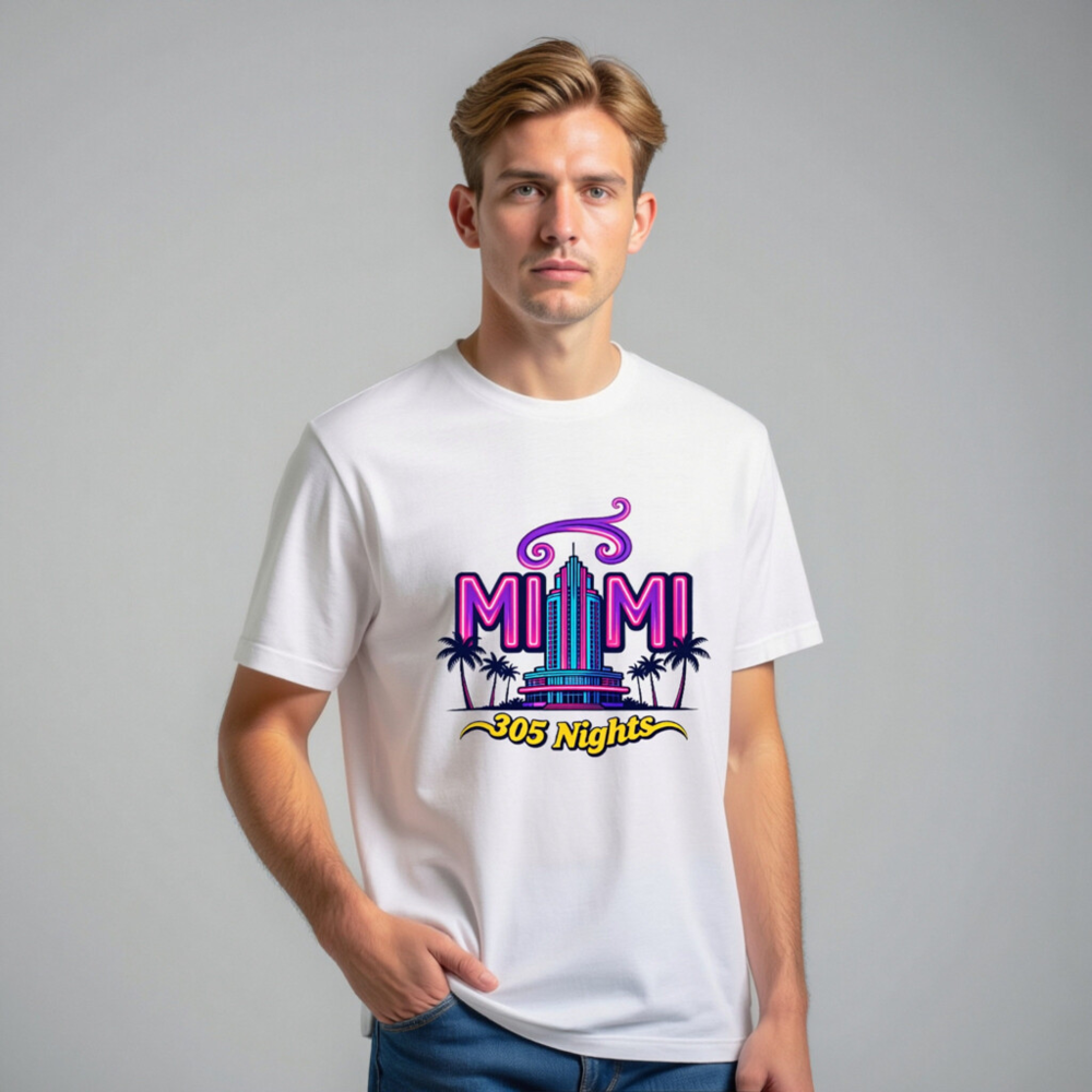 Miami 305 Nights Unisex Staple T-Shirt | Neon Art, Palm Tree Design - Image 11