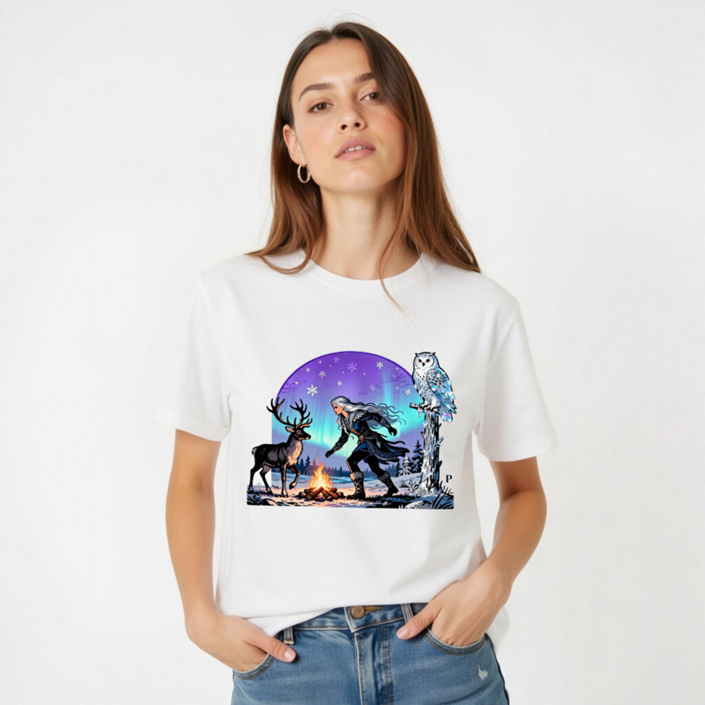 Unisex Staple T-Shirt with Winter Fantasy Deer & Owl Design - Soft Cotton Tee - Image 2