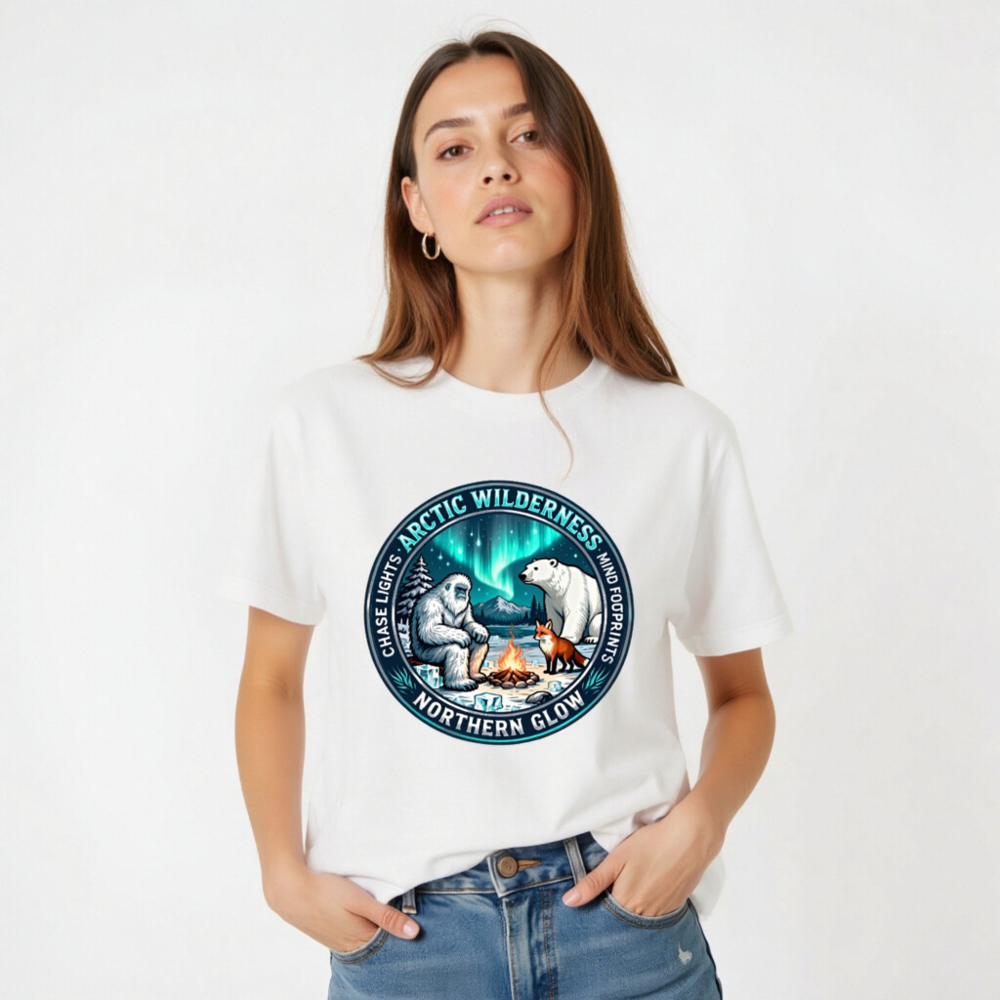 Arctic Wilderness Northern Glow Unisex T-Shirt | Polar Bear, Yeti & Fox by Campfire - Image 2