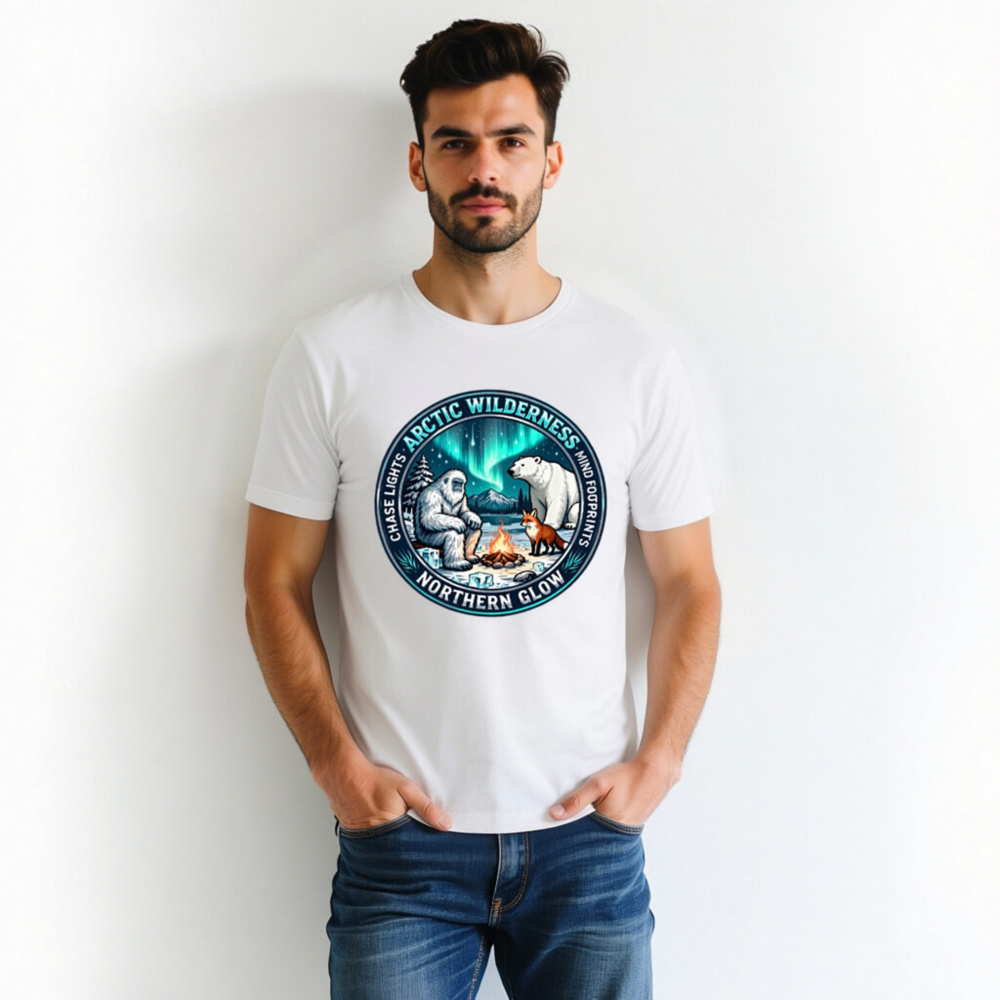 Arctic Wilderness Northern Glow Unisex T-Shirt | Polar Bear, Yeti & Fox by Campfire - Image 3