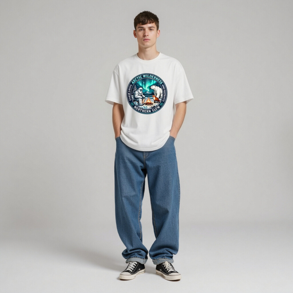 Arctic Wilderness Northern Glow Unisex T-Shirt | Polar Bear, Yeti & Fox by Campfire - Image 4