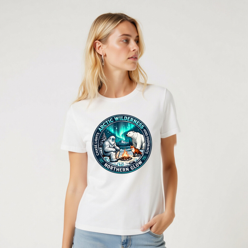Arctic Wilderness Northern Glow Unisex T-Shirt | Polar Bear, Yeti & Fox by Campfire - Image 5