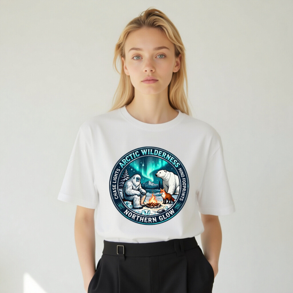 Arctic Wilderness Northern Glow Unisex T-Shirt | Polar Bear, Yeti & Fox by Campfire - Image 6