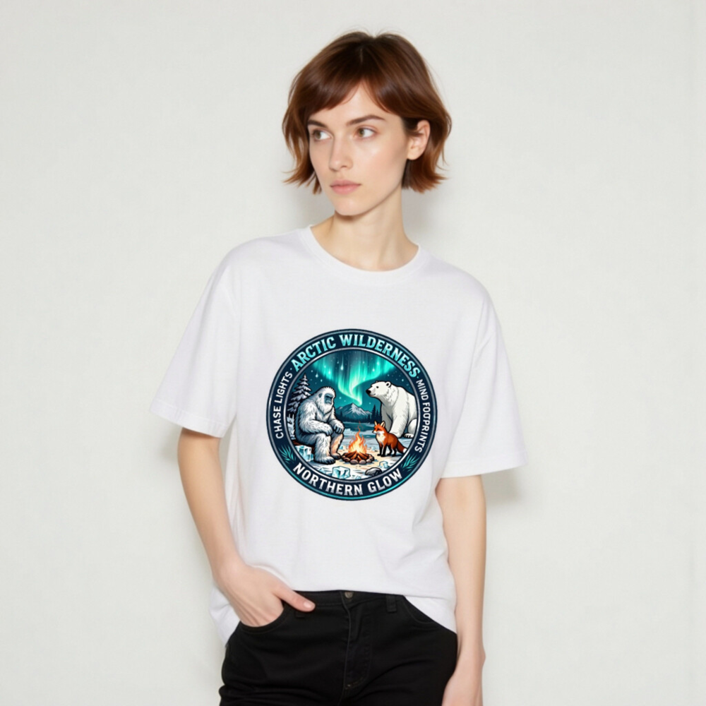 Arctic Wilderness Northern Glow Unisex T-Shirt | Polar Bear, Yeti & Fox by Campfire - Image 7