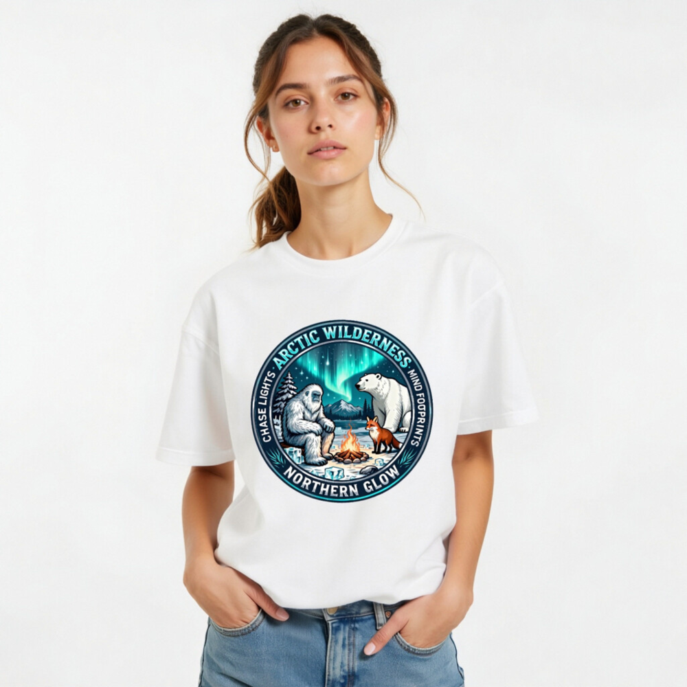 Arctic Wilderness Northern Glow Unisex T-Shirt | Polar Bear, Yeti & Fox by Campfire - Image 8