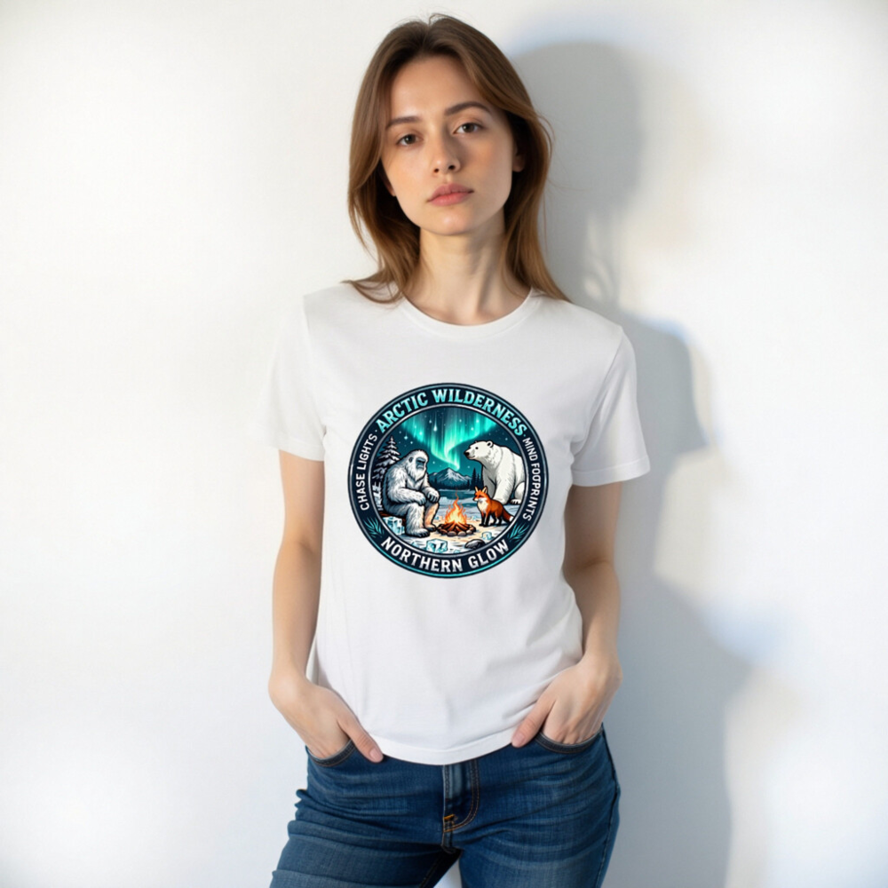 Arctic Wilderness Northern Glow Unisex T-Shirt | Polar Bear, Yeti & Fox by Campfire - Image 9