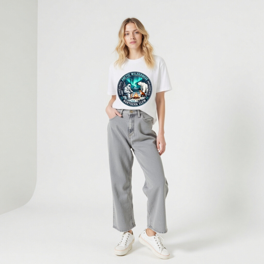 Arctic Wilderness Northern Glow Unisex T-Shirt | Polar Bear, Yeti & Fox by Campfire - Image 10