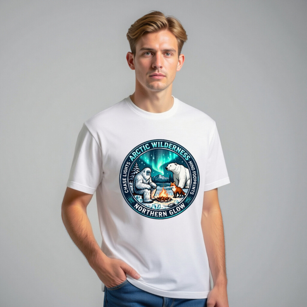Arctic Wilderness Northern Glow Unisex T-Shirt | Polar Bear, Yeti & Fox by Campfire - Image 11