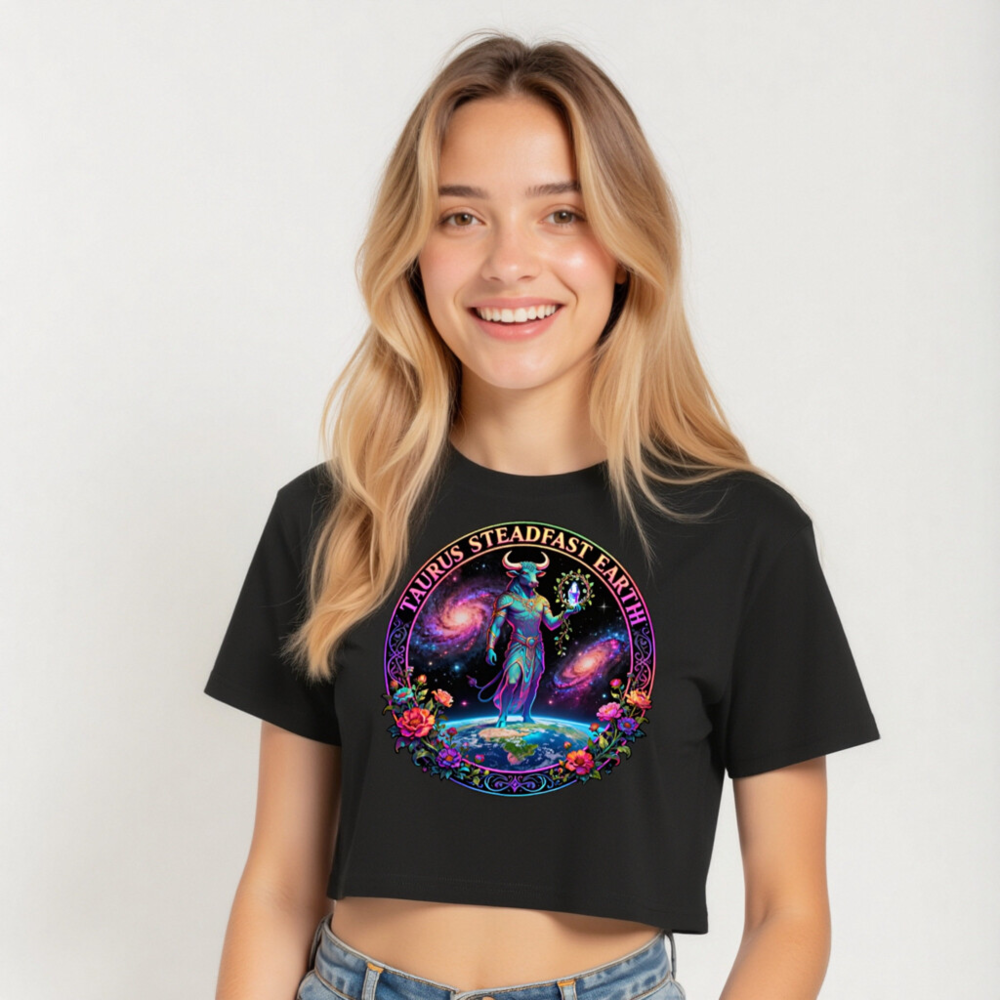 Taurus Steadfast Earth Women's Crop Top - Cosmic Bull on Globe with Floral Circle - Image 5