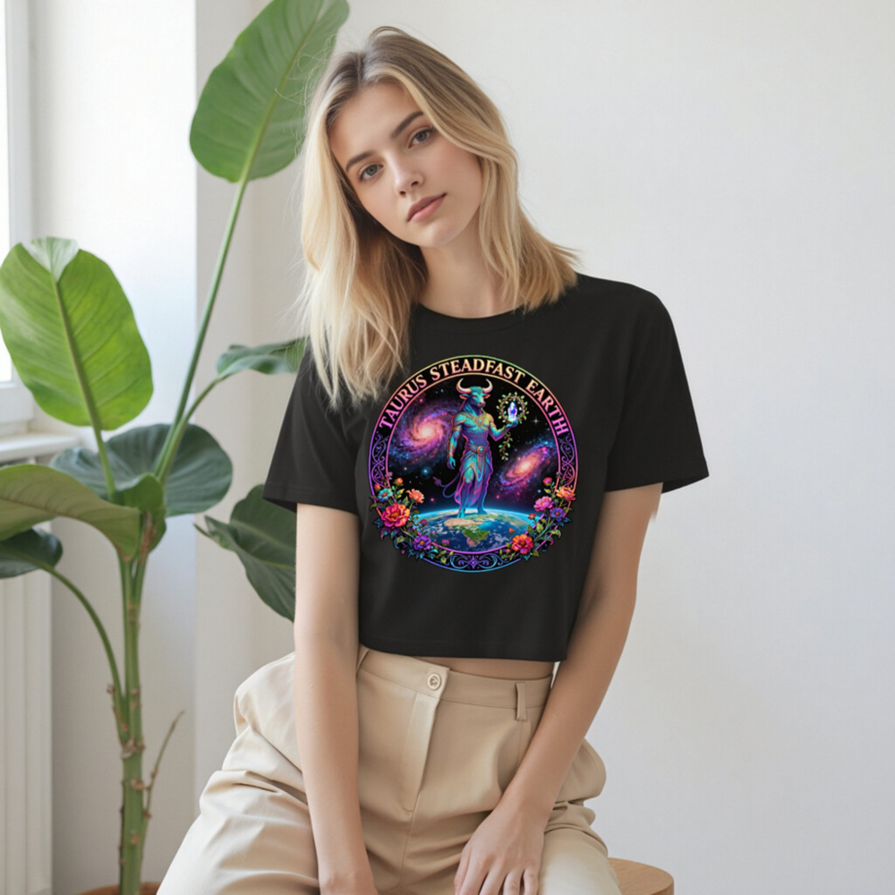 Taurus Steadfast Earth Women's Crop Top - Cosmic Bull on Globe with Floral Circle - Image 9